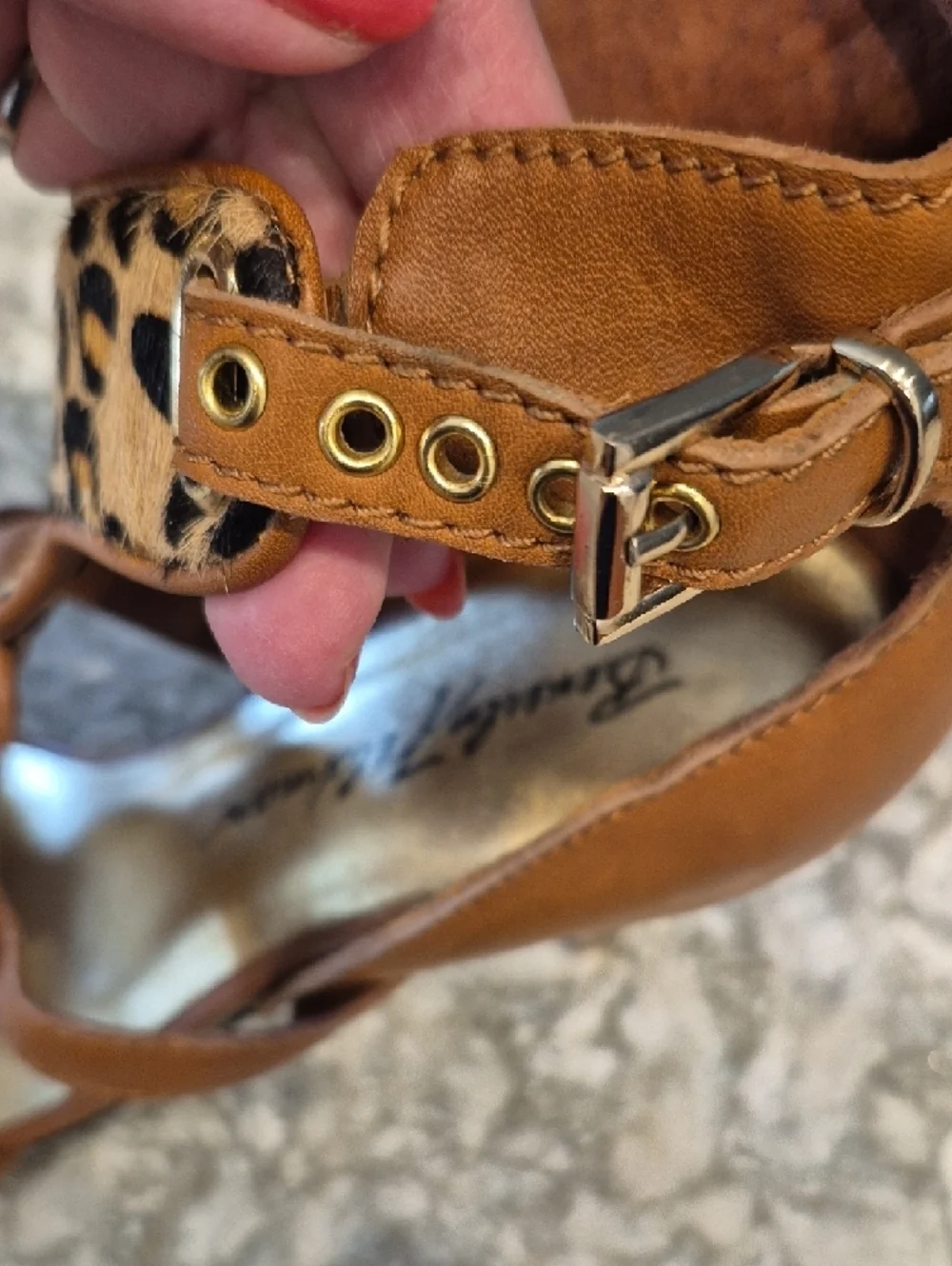 Beverly Feldman Tan Strappy Heels with Leopard-Print Panel